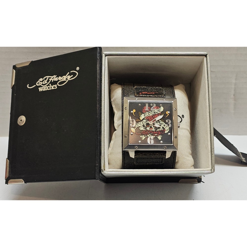 Ed Hardy Love Kills Slowly Mens Watch Square Case Leather Cuff Strap with Box